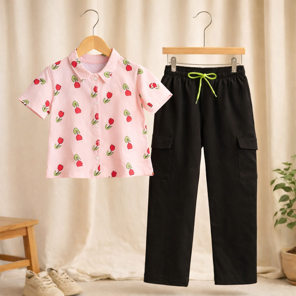 Girls Tulip Print Crop Shirt & Black Cargo Pant Co-ord Set