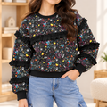 Girls Black Multicolour Printed Ruffle Sweatshirt