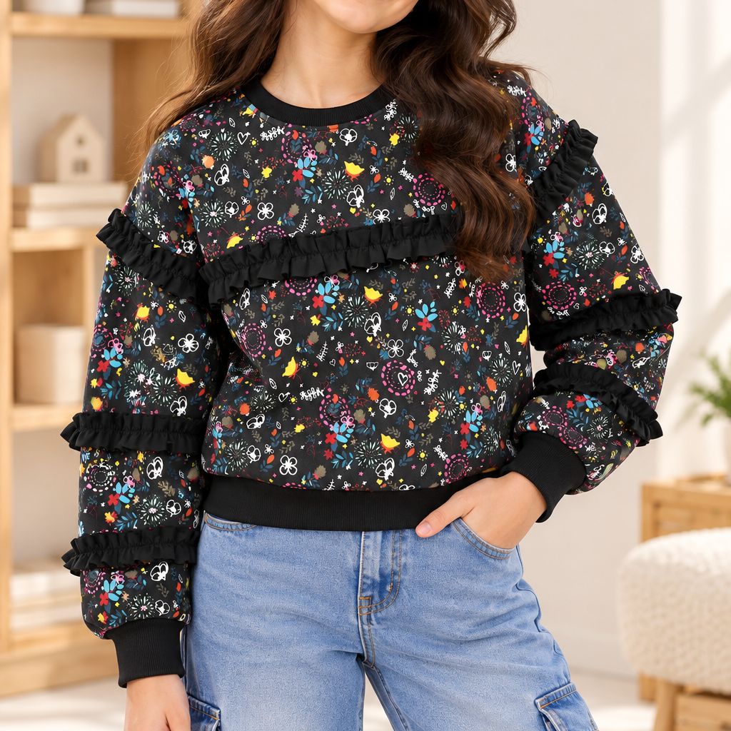 Girls Black Multicolour Printed Ruffle Sweatshirt