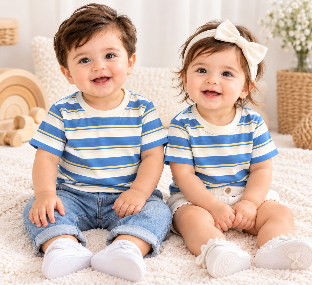 Blue & Yellow Striped Cotton T-Shirt for Kids