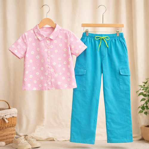 Girls Floral Print Crop Shirt & Aqua Blue Cargo Pant Co-ord Set