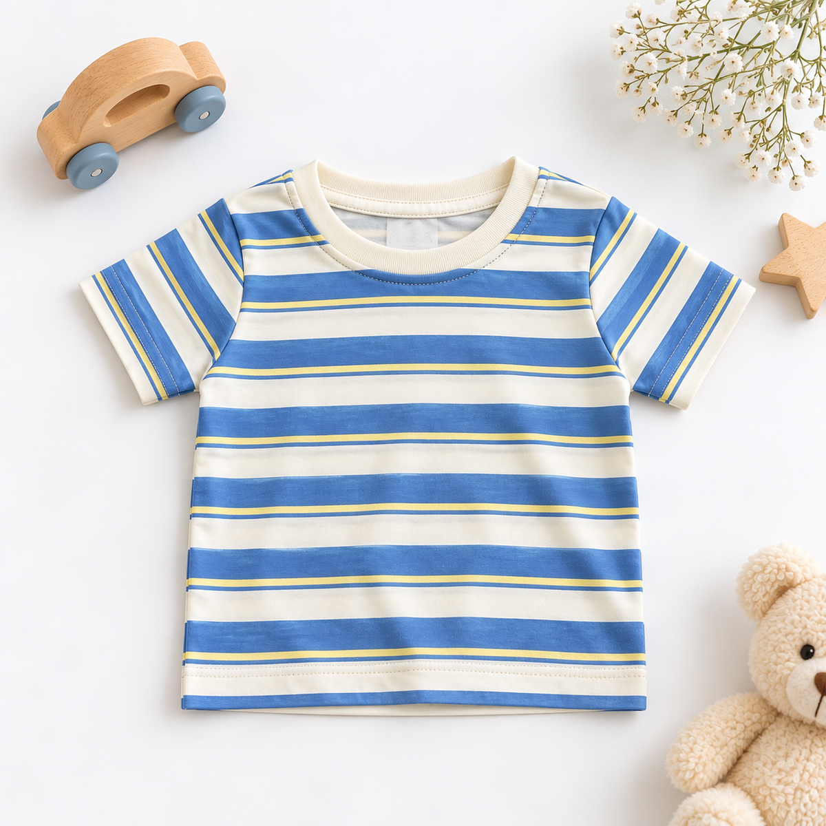 Blue & Yellow Striped Cotton T-Shirt for Kids