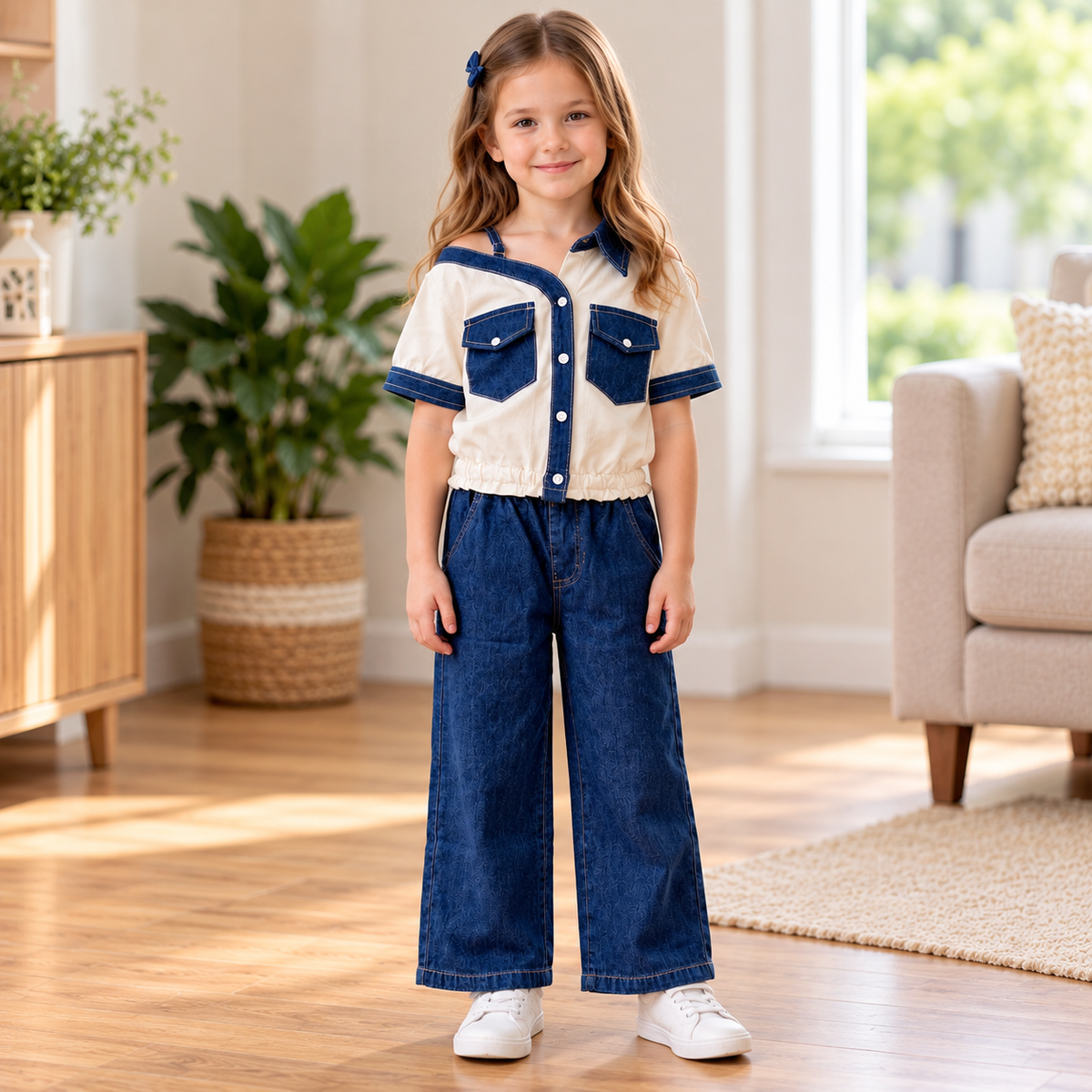 Ivory & Blue Denim Collar Top with Wide-Leg Jeans Set
