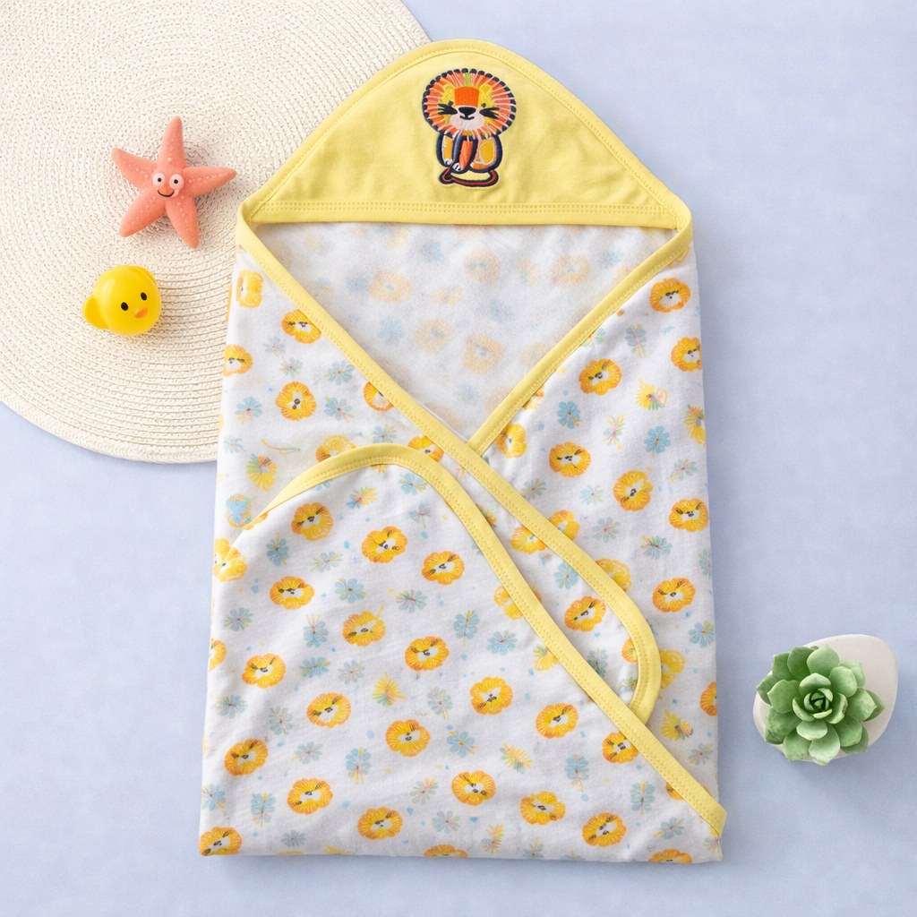 Babyhug Lion Print Hooded Baby Towel – Soft Terry Cotton Bath Wrapper (Yellow & White)