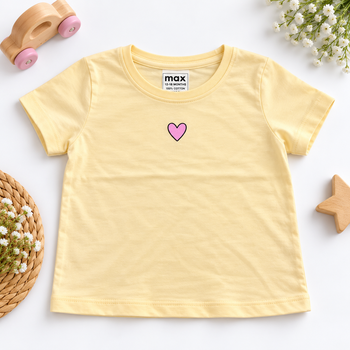 Pastel Yellow Heart Print Cotton T-Shirt