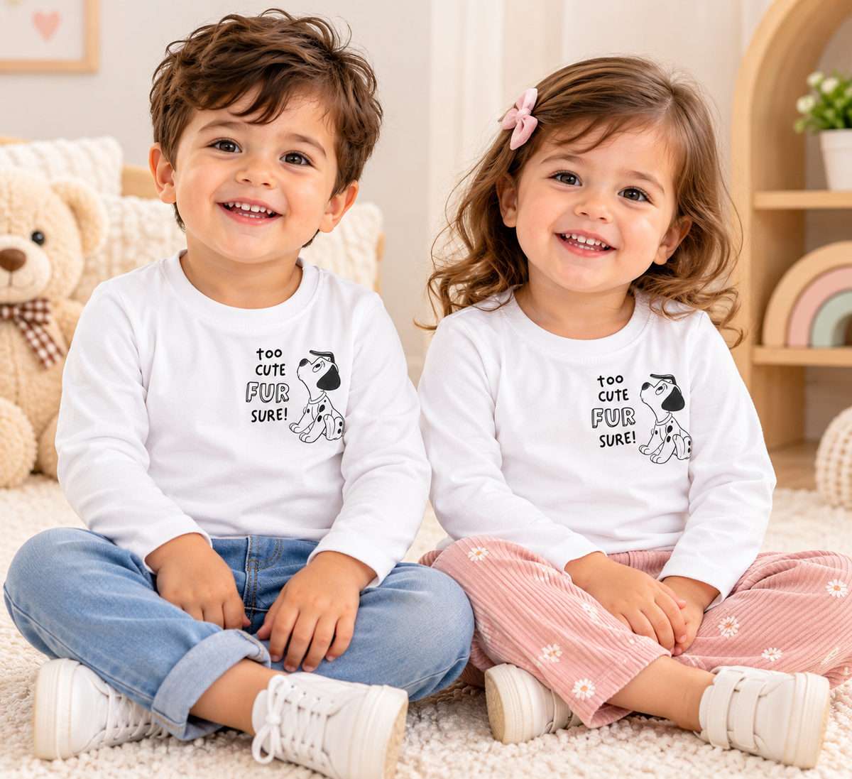 White “Too Cute Fur Sure” Dog Print Full Sleeve T-Shirt