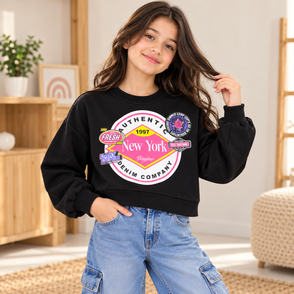 Girls Black Graphic Cropped Sweatshirt