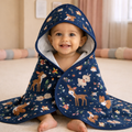Babyhug Animal Print Hooded Baby Towel – Soft Terry Cotton Bath Wrapper (Navy Blue)