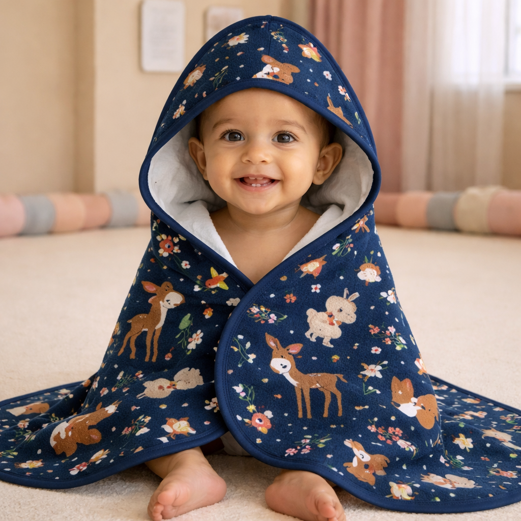 Babyhug Animal Print Hooded Baby Towel – Soft Terry Cotton Bath Wrapper (Navy Blue)