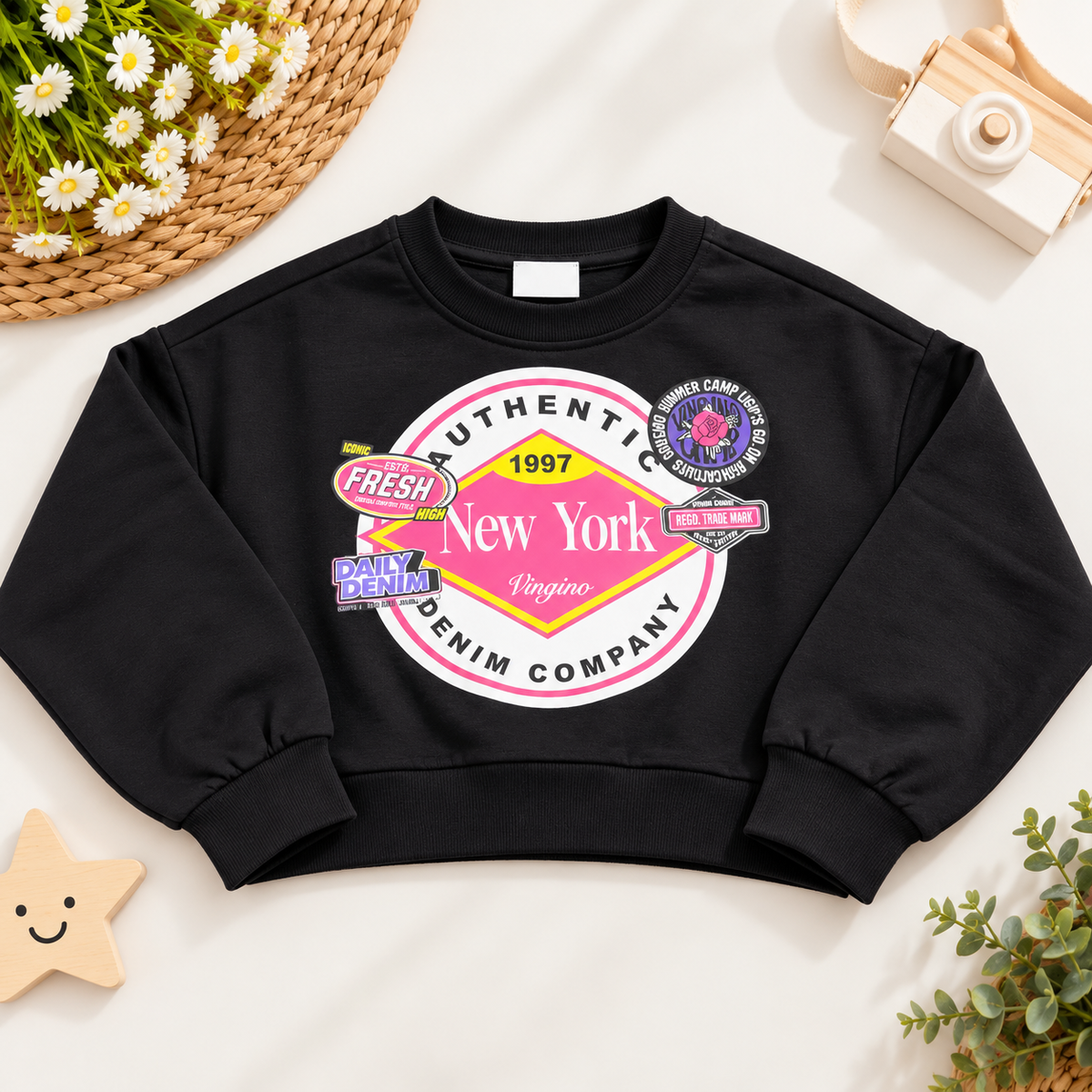 Girls Black Graphic Cropped Sweatshirt
