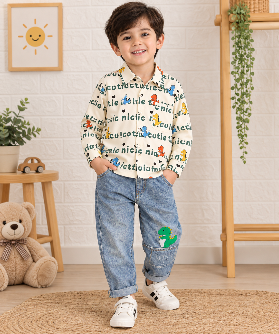 Cute Dino Print Shirt & Denim Set