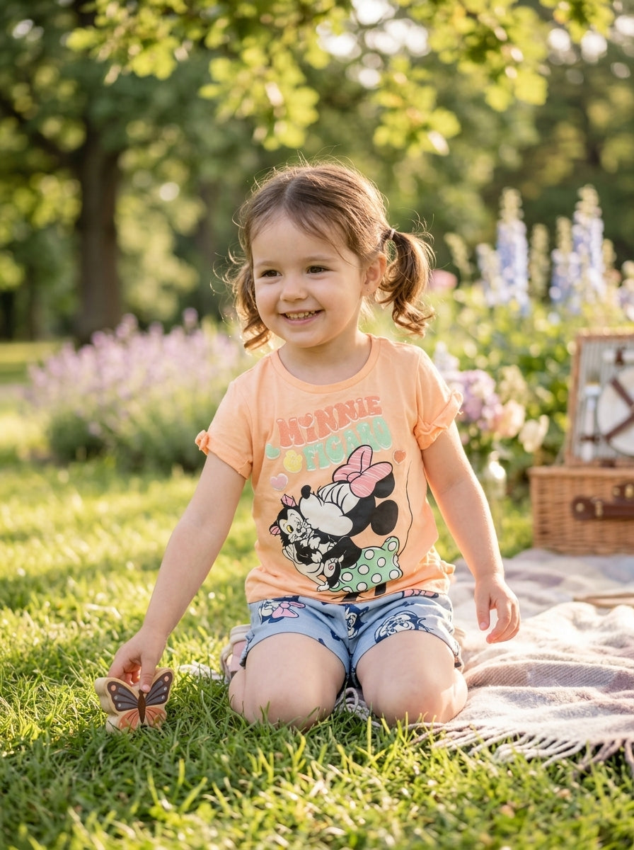 Baby Girl Minnie & Figaro Graphic T-Shirt with Printed Shorts Set