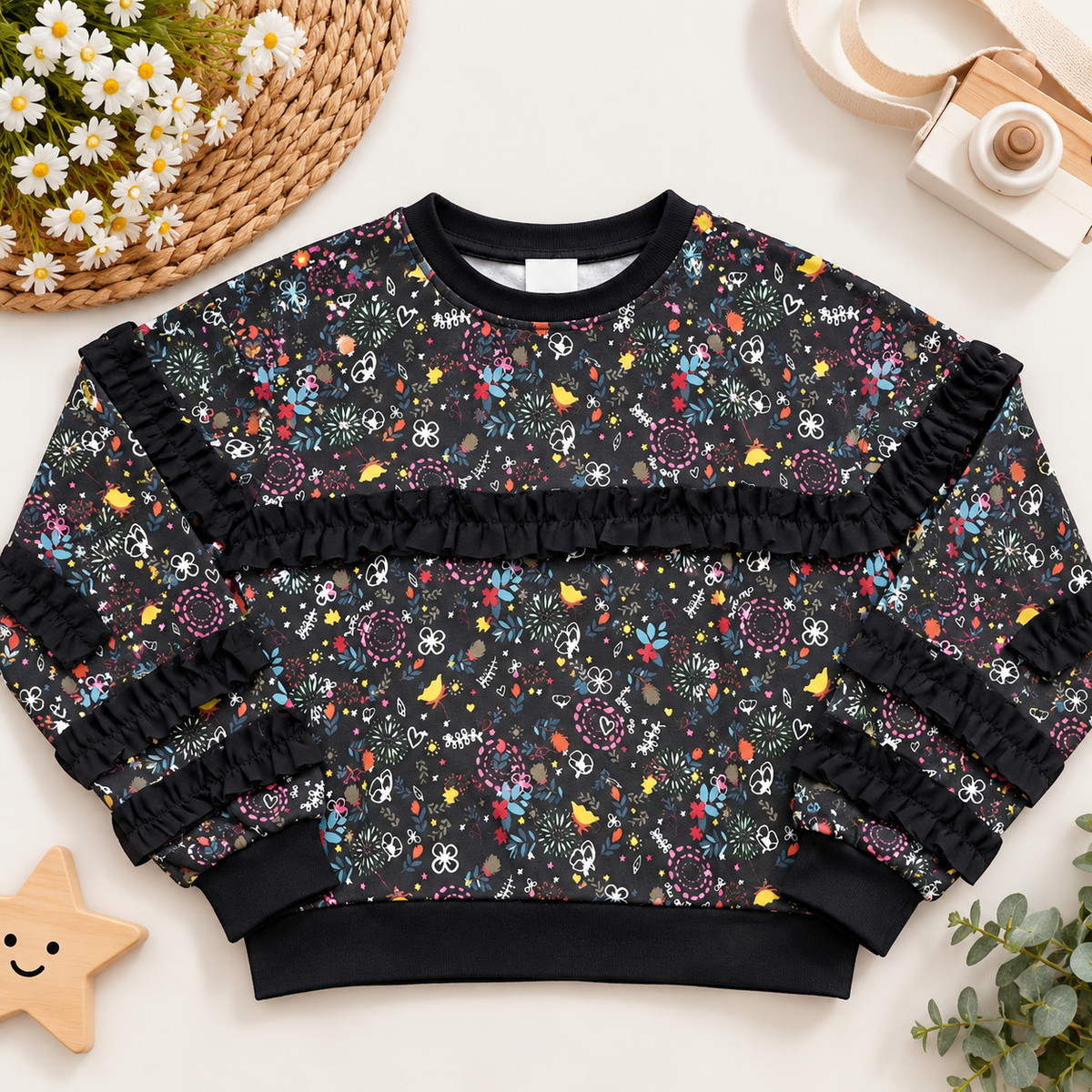 Girls Black Multicolour Printed Ruffle Sweatshirt