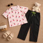 Girls Tulip Print Crop Shirt & Black Cargo Pant Co-ord Set