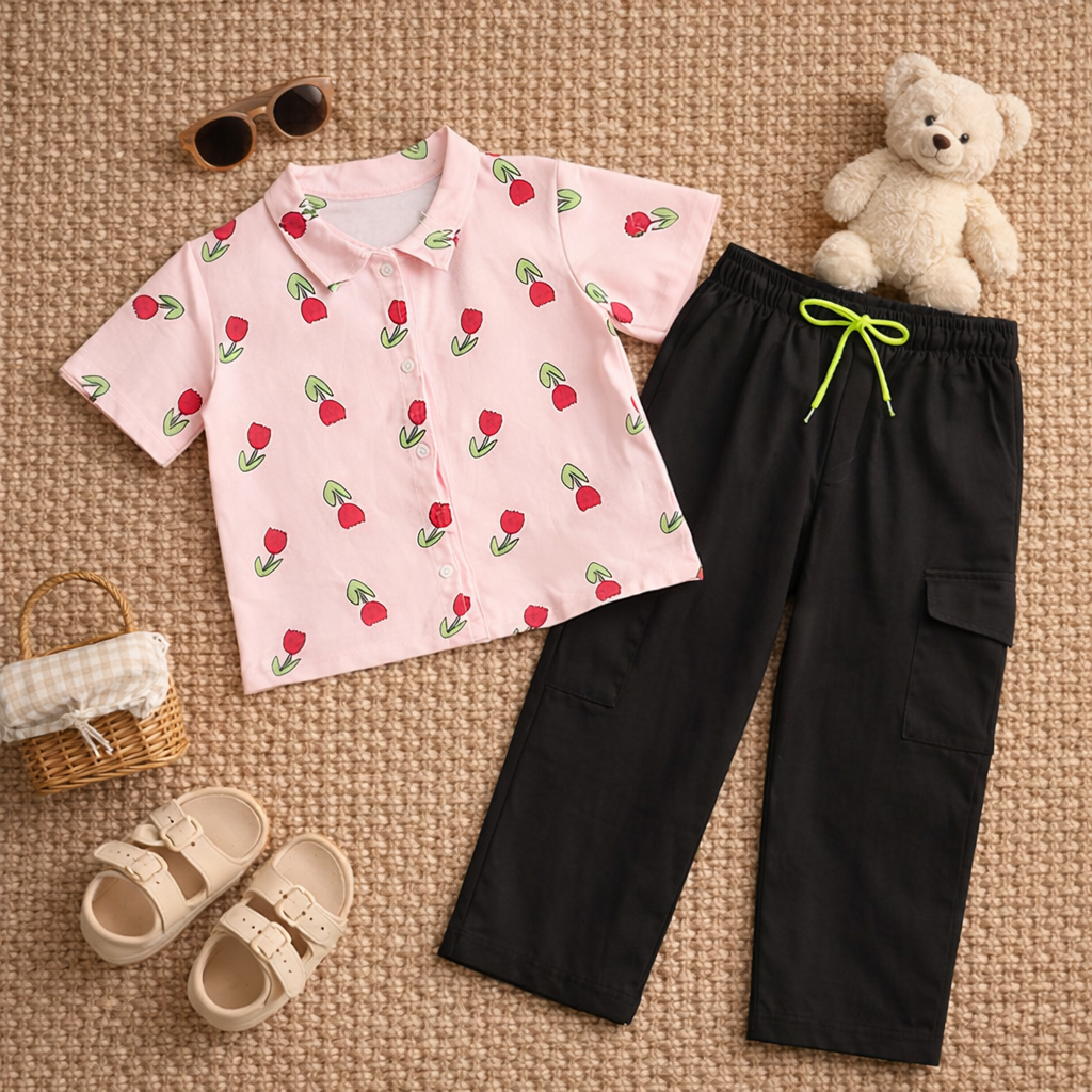 Girls Tulip Print Crop Shirt & Black Cargo Pant Co-ord Set