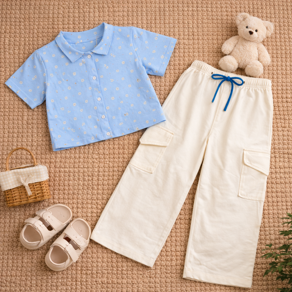 Girls Floral Print Crop Shirt & Off White Cargo Pant Co-ord Set