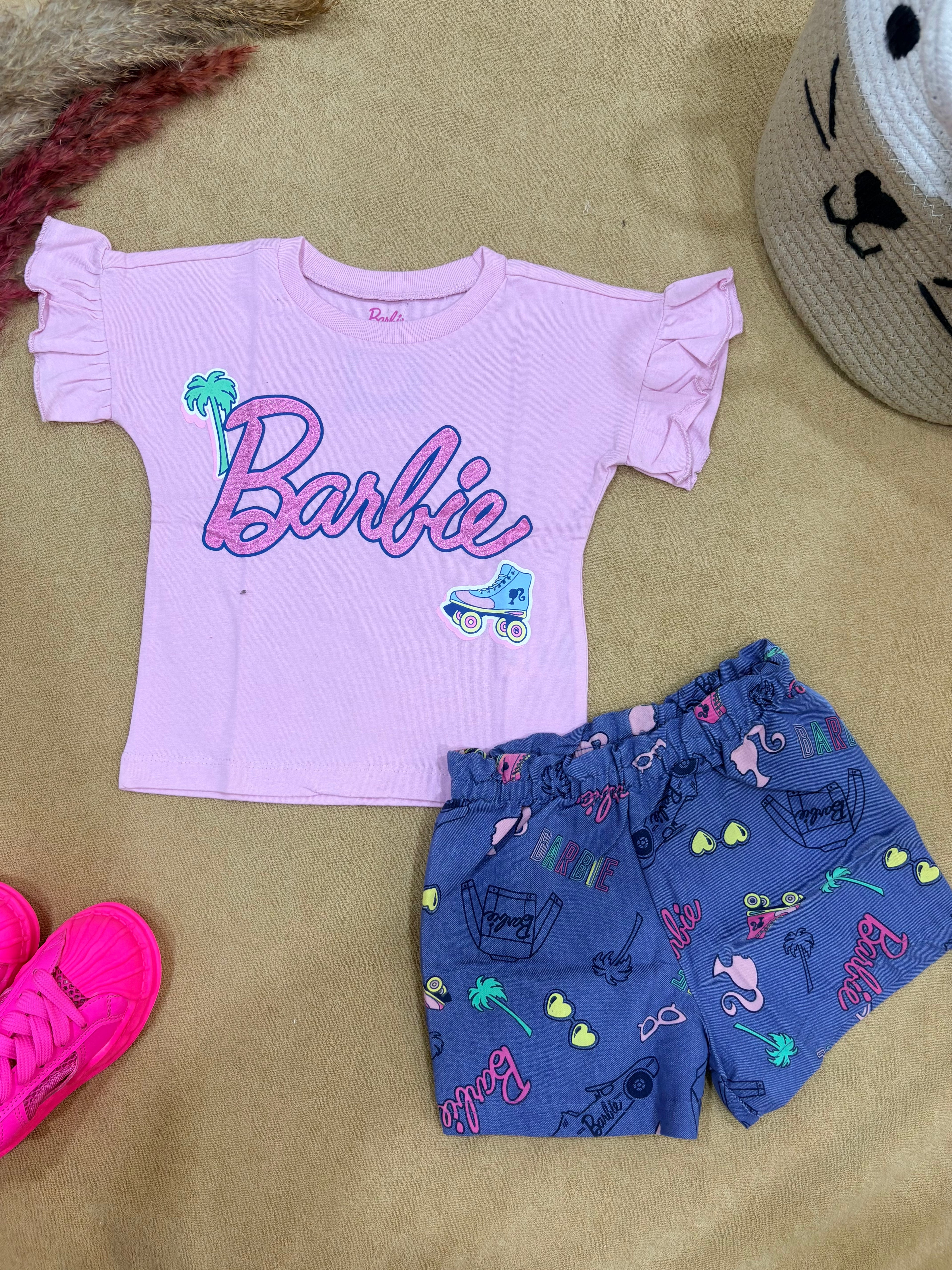 Baby Girl Barbie Ruffle Sleeve Shorts Set
