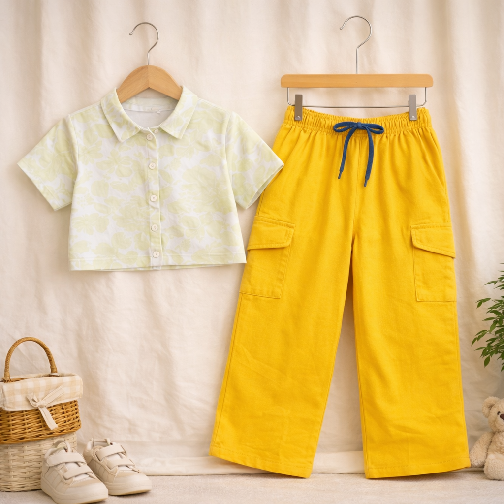 Girls Floral Print Crop Shirt & Mustard Yellow Cargo Pant Co-ord Set