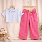 Girls Heart Print Crop Shirt & Pink Cargo Pant Co-ord Set