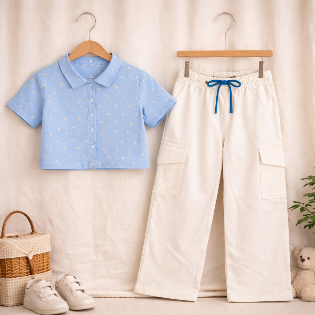 Girls Floral Print Crop Shirt & Off White Cargo Pant Co-ord Set