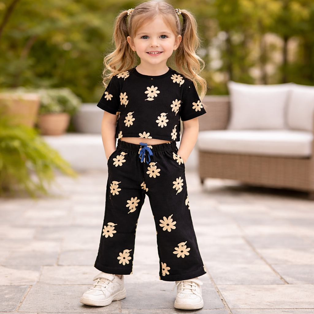 Black Daisy Crop Top & Bootcut Set