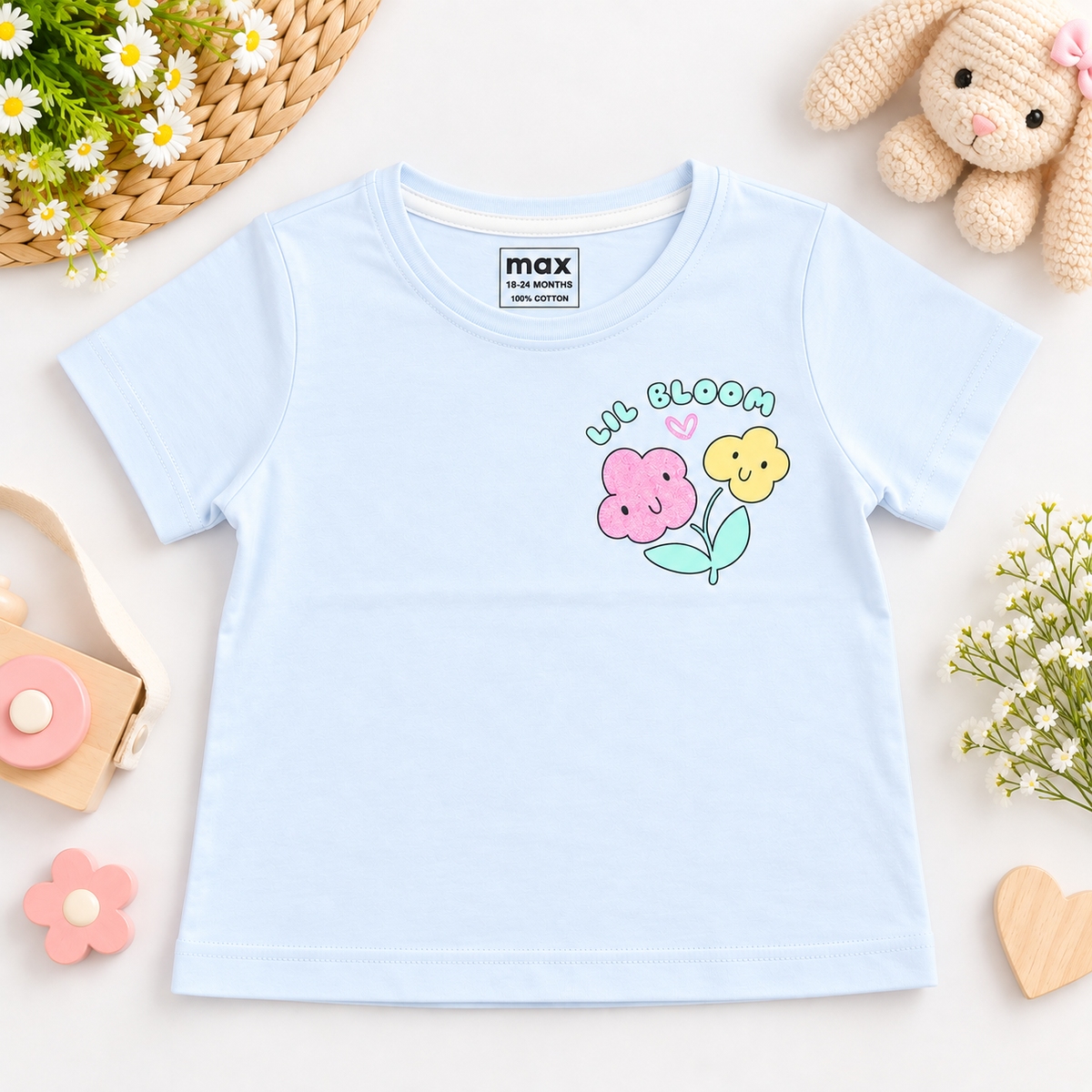 Pastel Blue “Lil Bloom” Floral Print Cotton T-Shirt