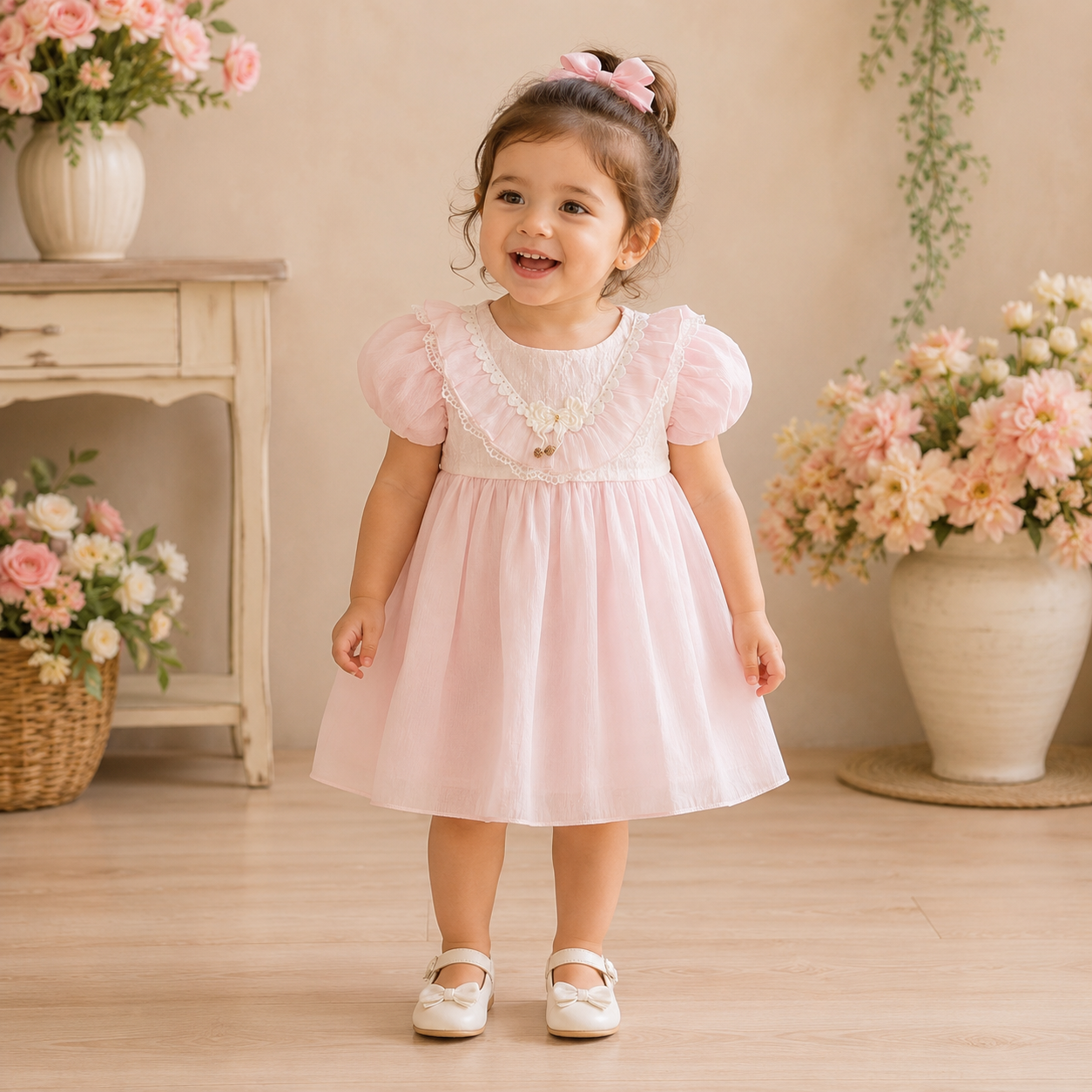 Blush Pink Puff Sleeve Frock | Elegant Layered Dress