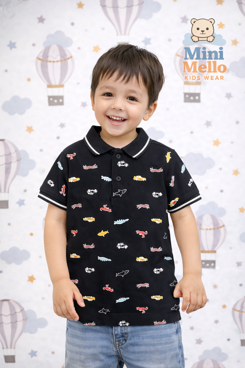 Adventure Print Black Polo T-Shirt for Kids