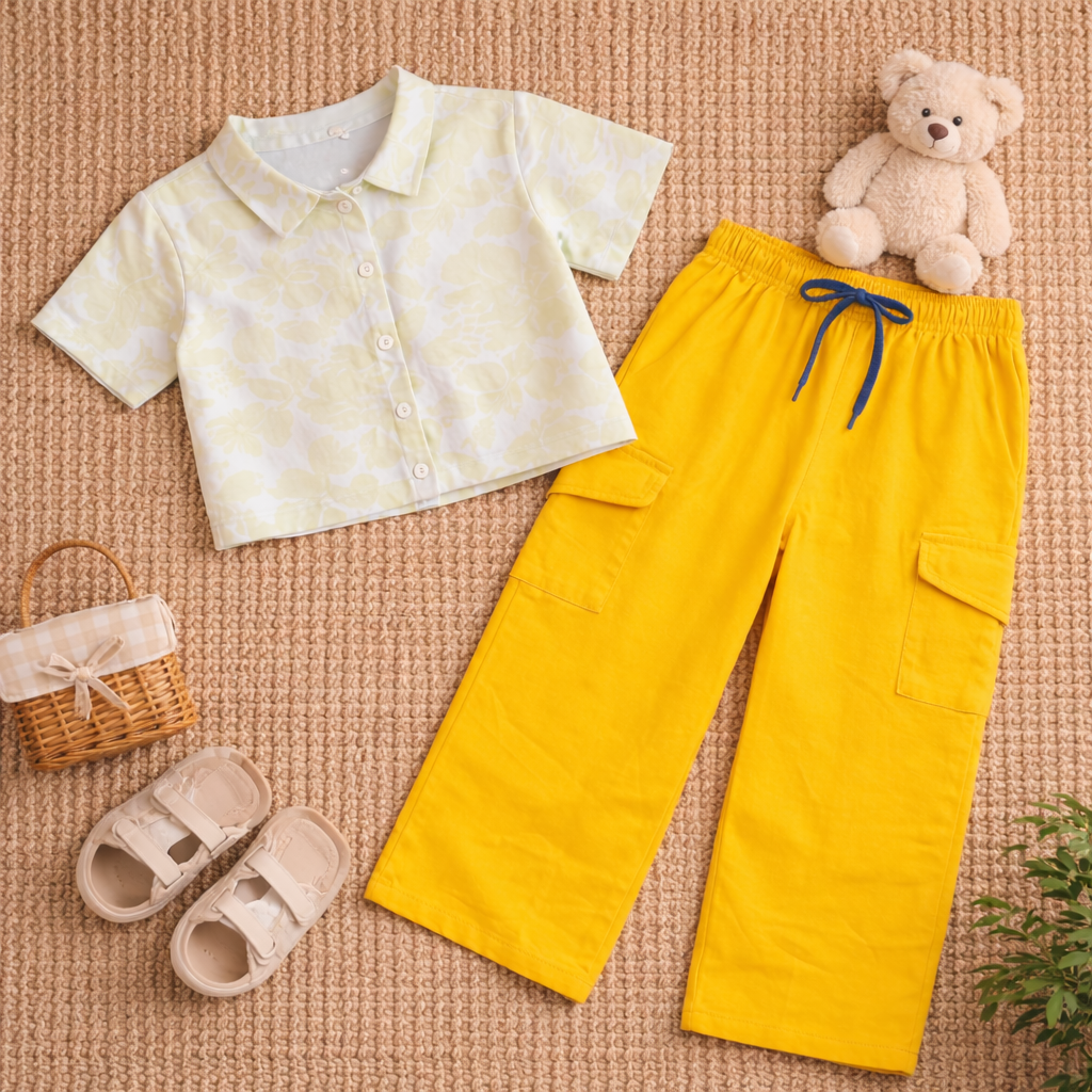 Girls Floral Print Crop Shirt & Mustard Yellow Cargo Pant Co-ord Set