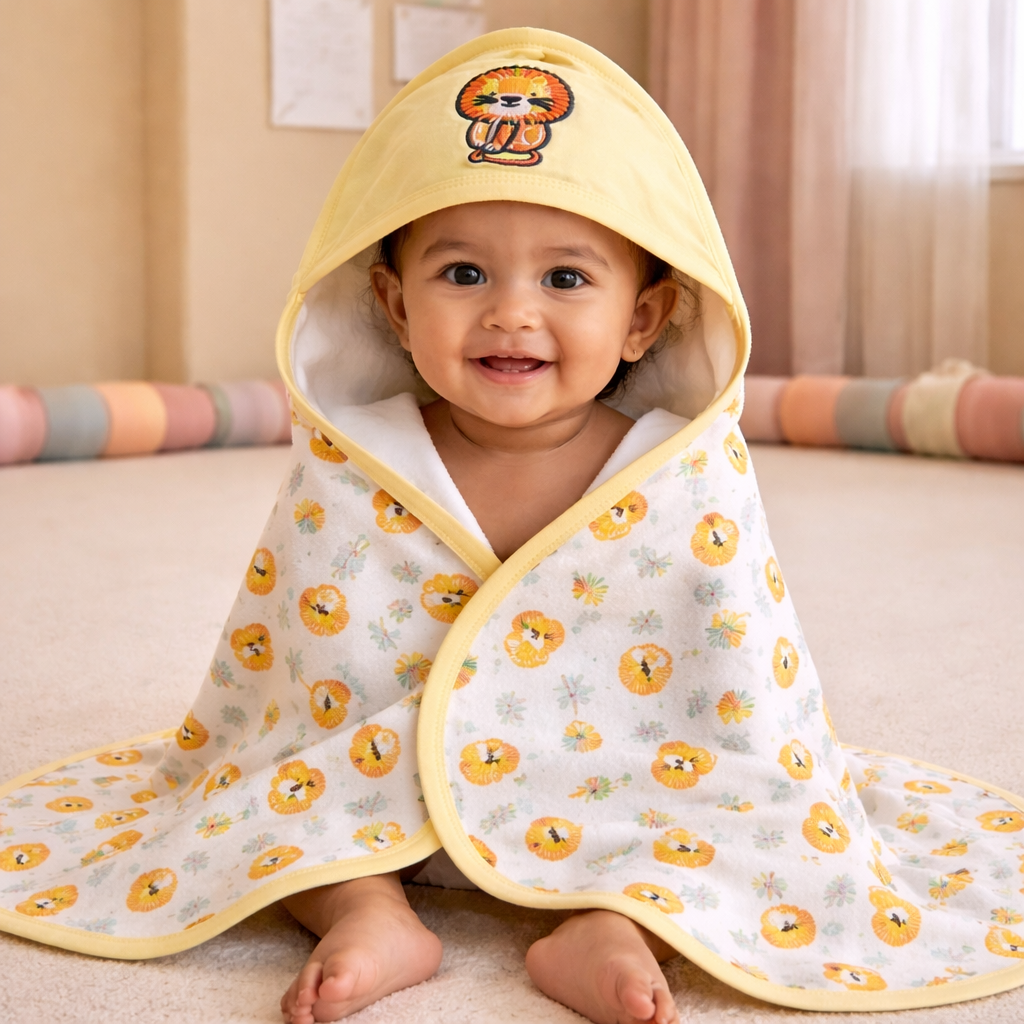 Babyhug Lion Print Hooded Baby Towel – Soft Terry Cotton Bath Wrapper (Yellow & White)