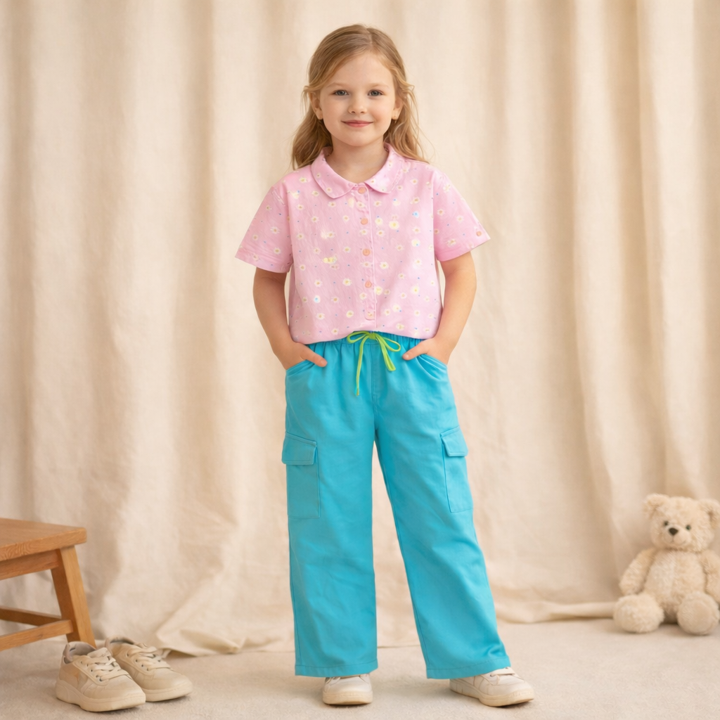 Girls Floral Print Crop Shirt & Aqua Blue Cargo Pant Co-ord Set