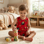 Mini Klub Batman Print Sleeveless Top & Shorts Set – Soft Cotton Summer Co-ord (Red)