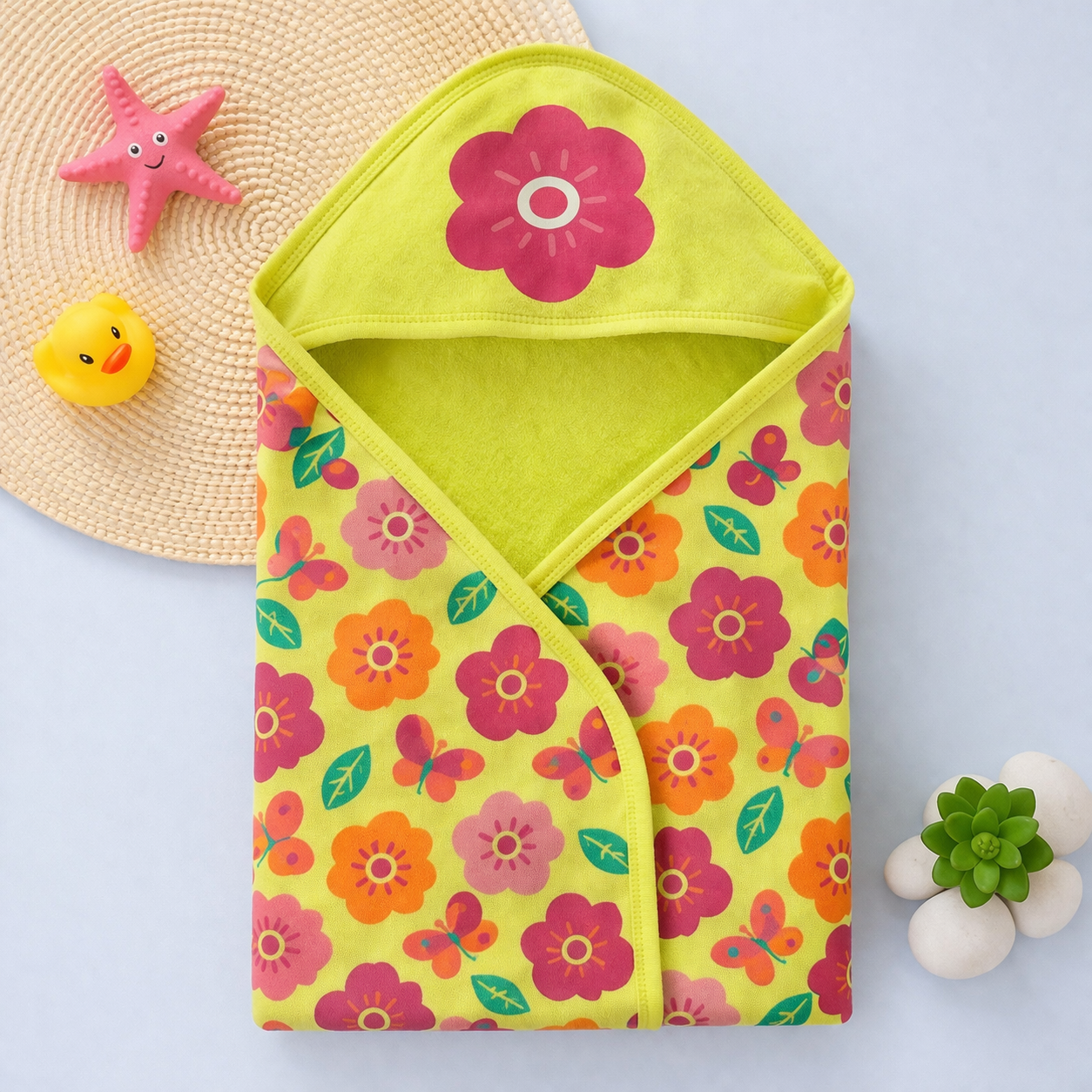 Babyhug Floral Print Hooded Baby Towel – Soft Terry Cotton Bath Wrapper