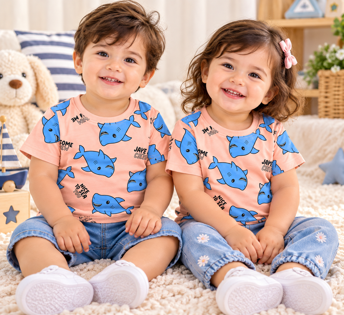 Peach Blue Shark Cotton T-Shirt