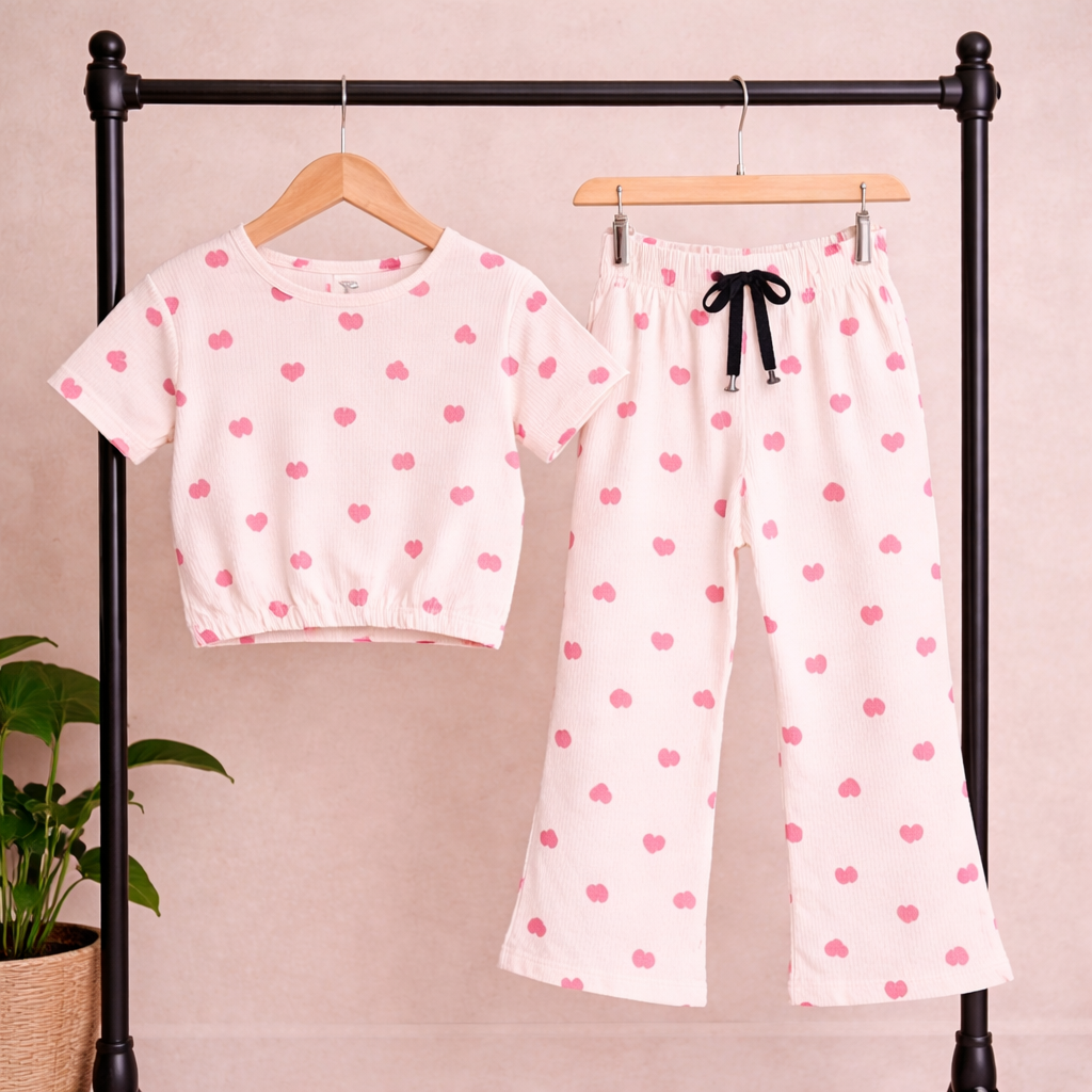 Girls Heart Print Crop Top & Bootcut Pants Co-ord Set
