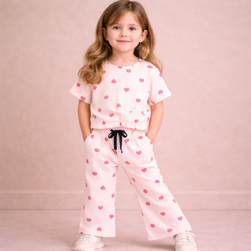 Girls Heart Print Crop Top & Bootcut Pants Co-ord Set