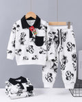 A children's two-piece clothing set featuring a long-sleeve polo sweatshirt and jogger pants, both printed with a black-and-white cartoon mouse motif. The sweatshirt has a black collar and pocket, and the pants have a black drawstring waist.