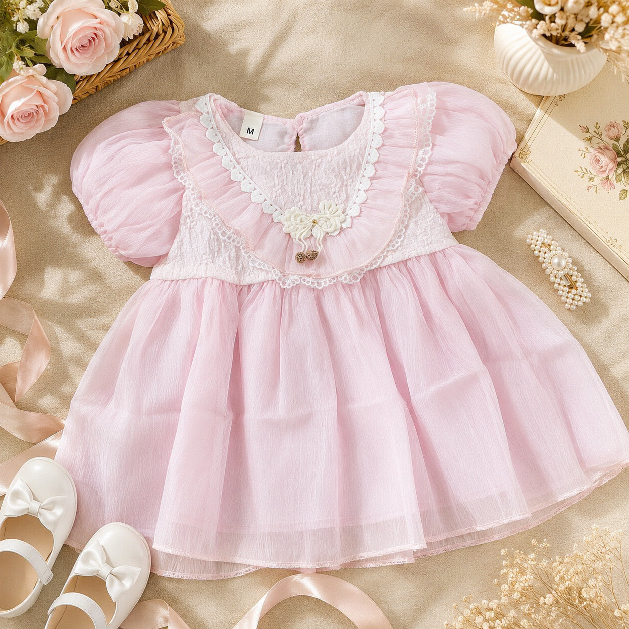 Blush Pink Puff Sleeve Frock | Elegant Layered Dress