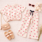Girls Heart Print Crop Top & Bootcut Pants Co-ord Set