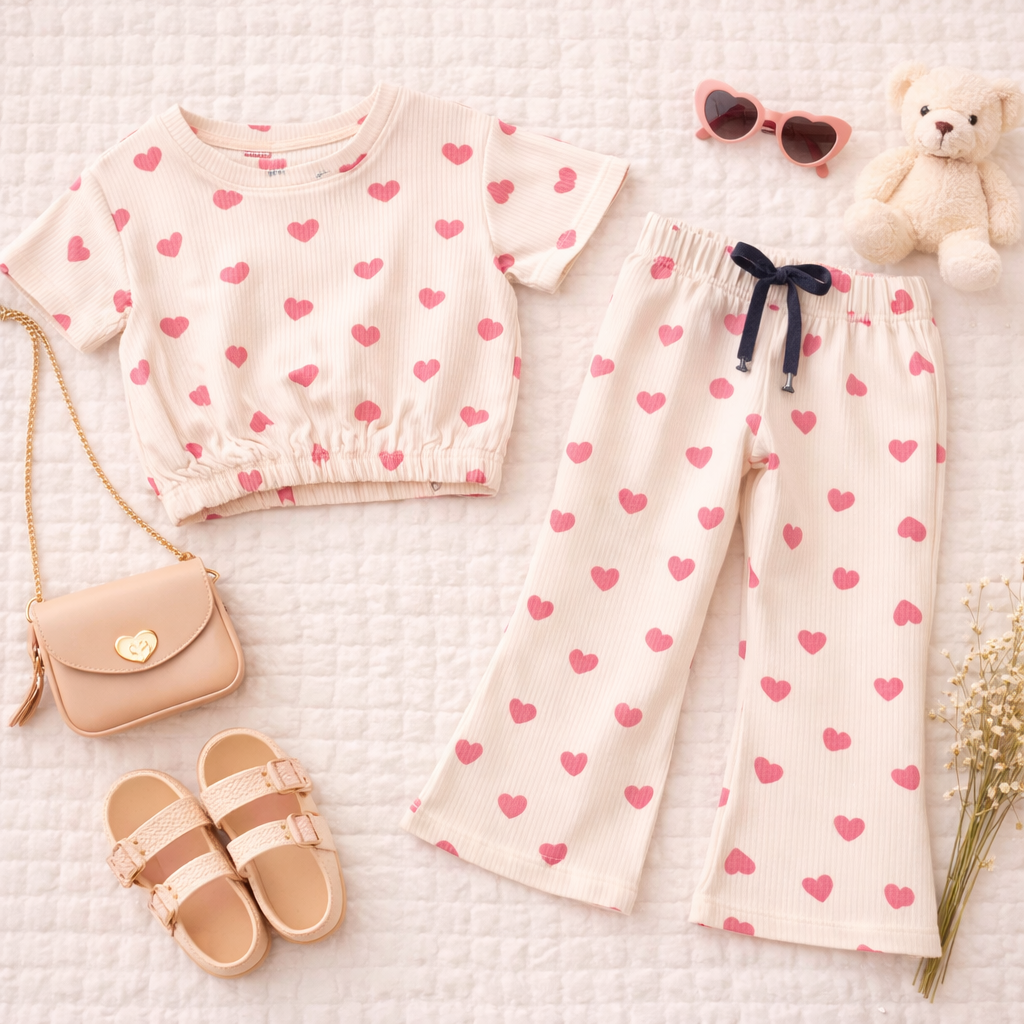 Girls Heart Print Crop Top & Bootcut Pants Co-ord Set