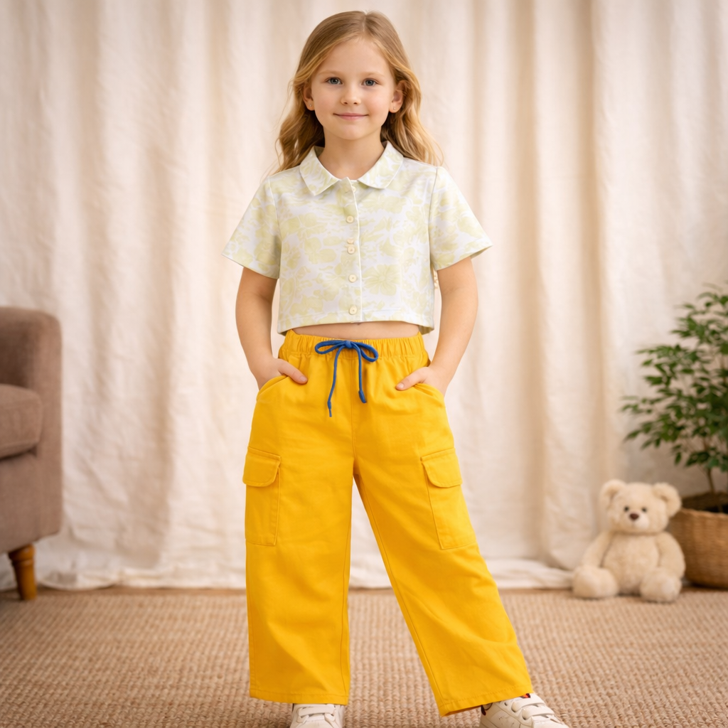 Girls Floral Print Crop Shirt & Mustard Yellow Cargo Pant Co-ord Set