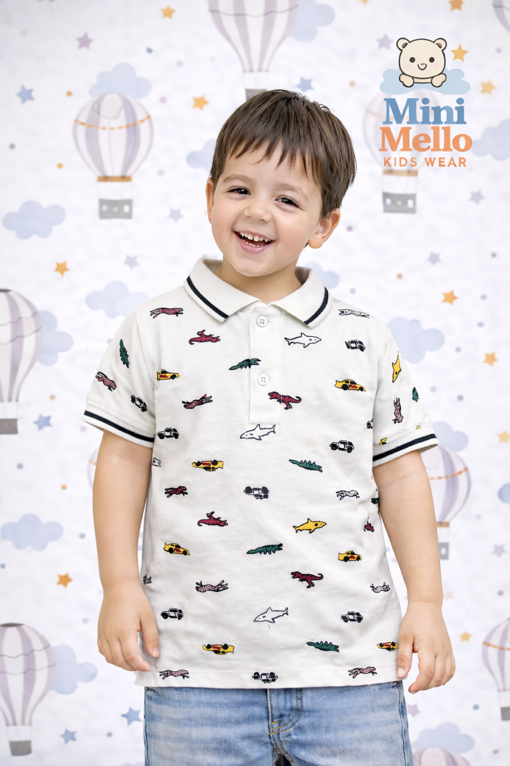 Adventure Print Off-White Polo T-Shirt for Kids