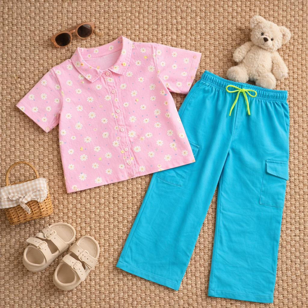 Girls Floral Print Crop Shirt & Aqua Blue Cargo Pant Co-ord Set