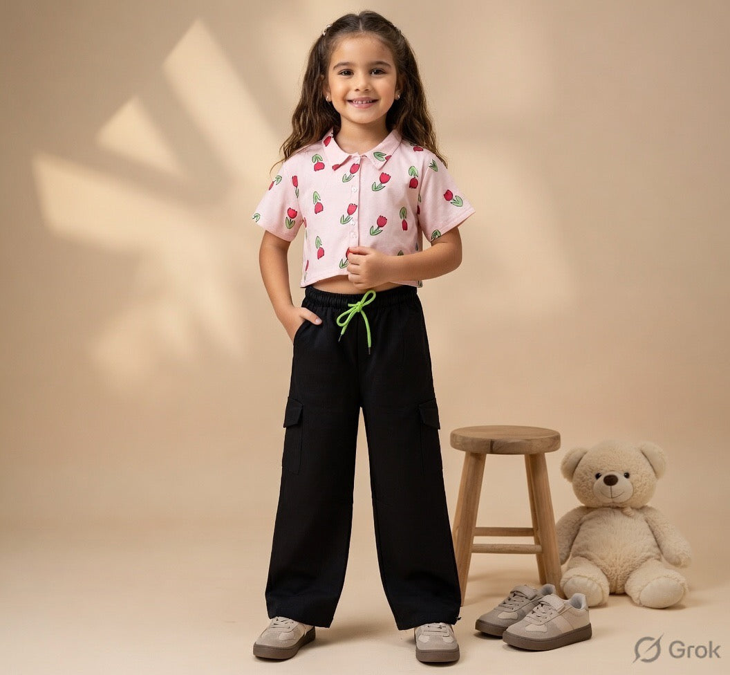 Girls Tulip Print Crop Shirt & Black Cargo Pant Co-ord Set