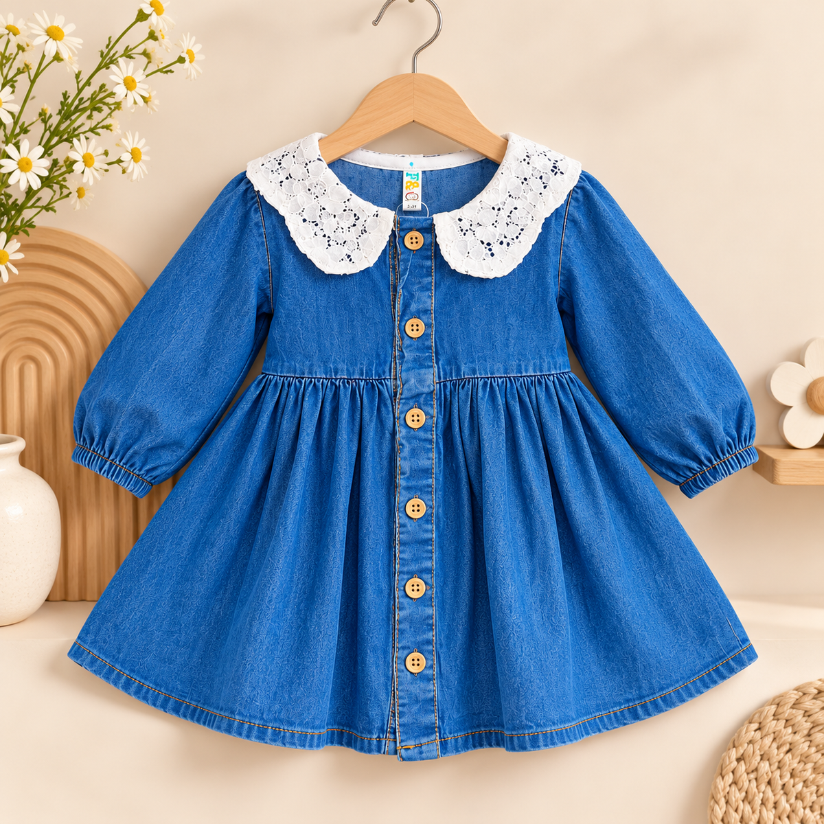 Blue Denim Frock with White Lace Collar for Baby Girls