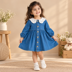 A young girl smiling and wearing a blue denim dress with a white lace Peter Pan collar and gold buttons, standing in a warm, decorated room with a teddy bear and wooden furniture.