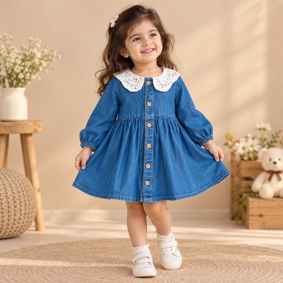 A young girl smiling and wearing a blue denim dress with a white lace Peter Pan collar and gold buttons, standing in a warm, decorated room with a teddy bear and wooden furniture.