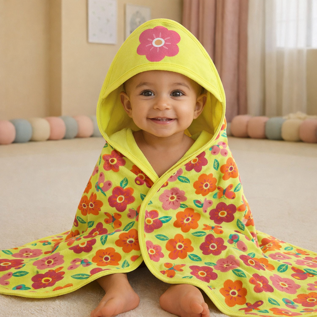 Babyhug Floral Print Hooded Baby Towel – Soft Terry Cotton Bath Wrapper