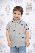 Surf & Ride Print Grey Polo T-Shirt for Kids