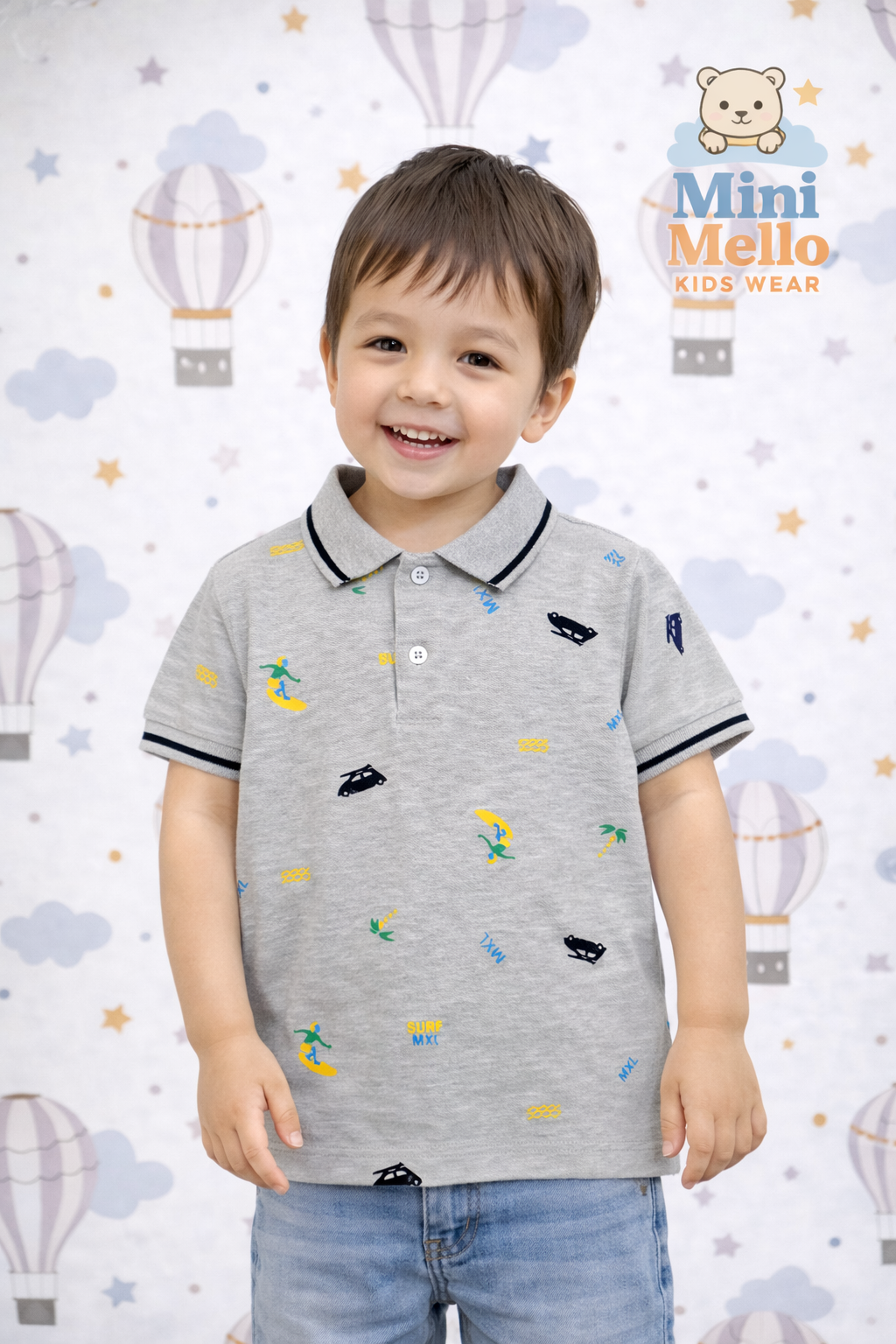 Surf & Ride Print Grey Polo T-Shirt for Kids